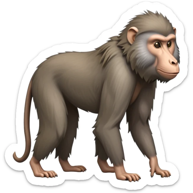 cinematic-hairy baboon-full-body-standing on all fours-emoji,-head-tilted-dramatically,-thick-grey-and-brown-fur,-simplified-yet-realistic-focused-features,-highly-detailed,-glowing-with-an-almost-sarcastic-glow sticker