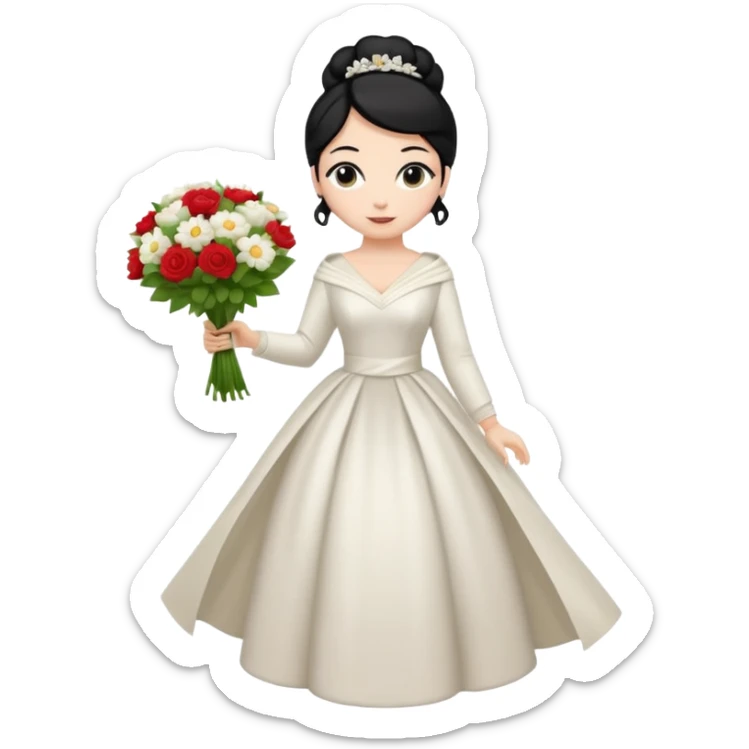 Chica blanca,cuerpo entero, vestido boda ,manga larga ,con estola, pelo negro,    ramo de flores una mano, pelo recogido en moño alto sticker