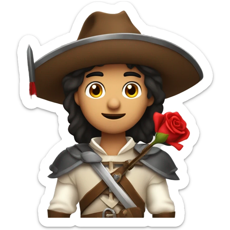 canela skin boy dark hair musketeer with hat and red rose shoulder medieval cape and sword and red feathers in the hat sticker