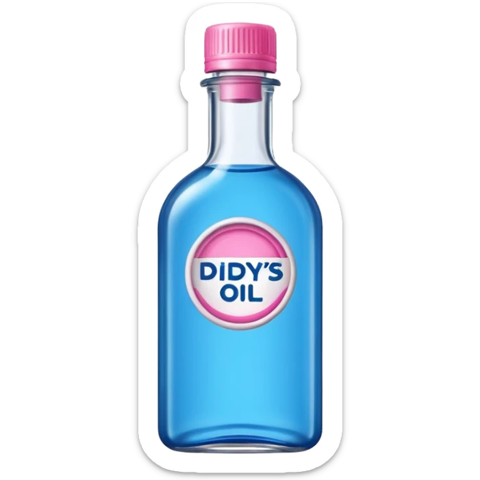 bottle of oil blue top pink outside with logo that says Diddys Oil sticker