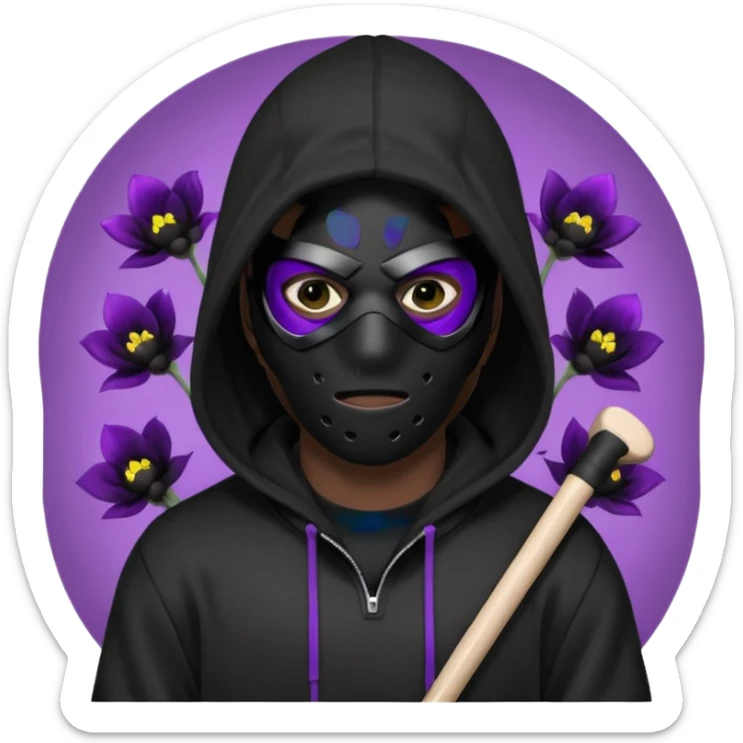 non human male cartoon character related to a shadow, all black skin, with all black clothes, focusing a black hoodie, and a black hockey mask covering his entire face, just his purple shadow eyes making a light bloom, no background sticker