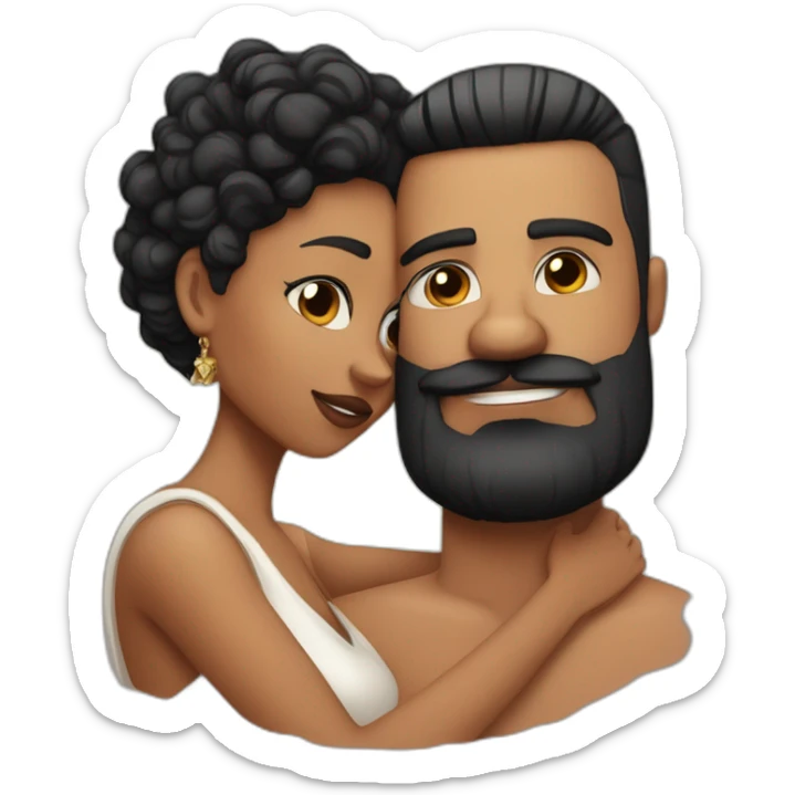 White latino man with shaved black hair and skin fade haircut , detailed moustache and beard, cuddling his black woman Wife  with super straight black hair and big earrings sticker