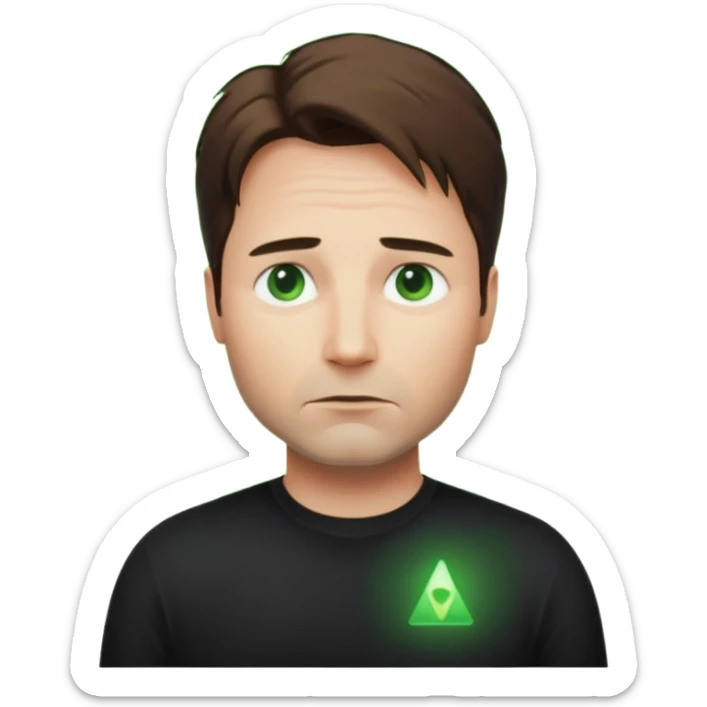 Mulder from the x-files looking very very worried (not trusting anyone today) while wearing a dark t-shirt with no markings. A green beam of light from a UFO illuminates him sticker
