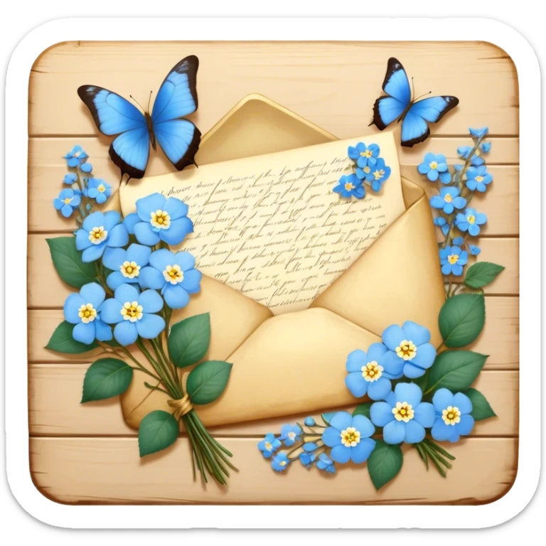 An intimate vignette of a golden wax-sealed letter placed on a vintage wooden desk, with a pair of blue butterflies hovering around a bouquet of soft ivory roses and baby blue forget-me-nots. sticker