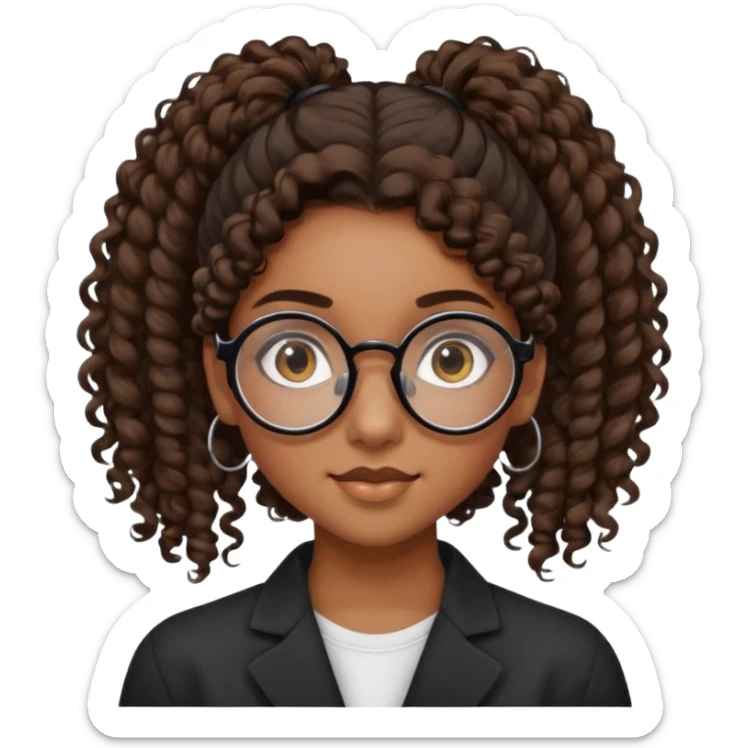 chica morena de ojos claros con gafas negras exagonales redondeadas. y pelo rizado castaño con todo el pelo recogido en una coleta .. Con todo el pelo recogido un clen look solamente una coleta tiene 16 años. hazlo como la segunda imagen pero sin el moño sticker