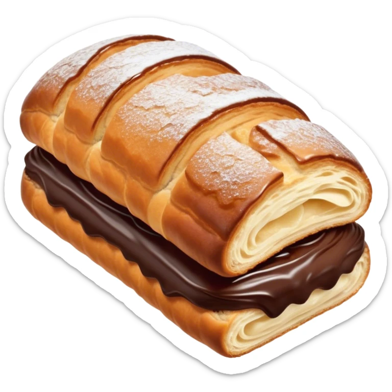 Cinematic warm pain au chocolat, flaky golden-brown pastry with a rich chocolate filling peeking through, perfectly crisp exterior, soft glowing highlights, inviting and indulgent. sticker