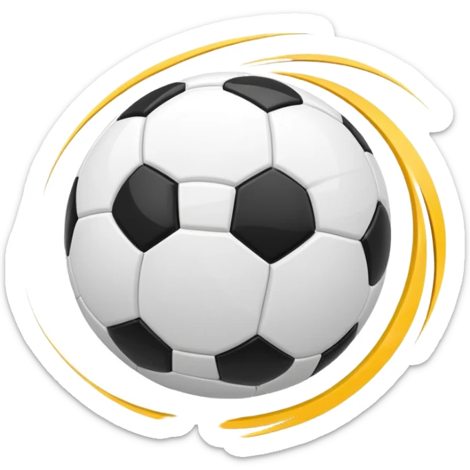 Apple-style emoji of a soccer ball with curve effect, flying with curved wind trails showing spin, glossy 3D look, clean minimal design, soft lighting, transparent background. sticker