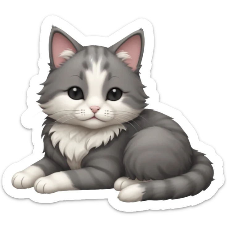 dark grey and white small cat with his eyes closed leaning his head on his paw while lying down sticker