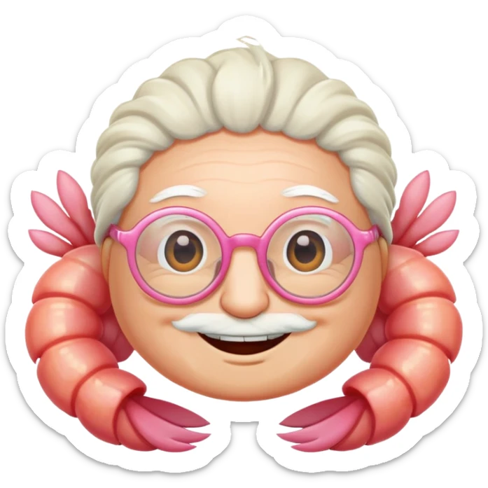 a little shrimp that is old with white hair and glasses, elderly shrimp character with white eyebrows and hair, wearing round glasses sticker