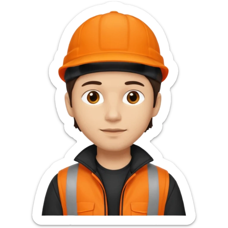 Kindly Keyin (male) with light skin, dark brown hair, orange cap and shirt, black jacket sticker