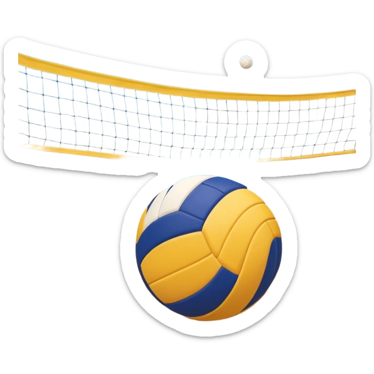 A volleyball resting on the yellow sand on a beach, with the net in the background and a scenic view of the ocean and sky. The scene captures the relaxed yet competitive vibe of beach volleyball, with warm sunlight and the natural beauty of the beach. sticker