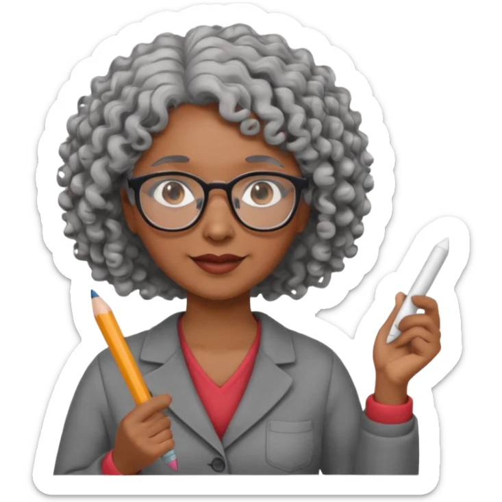 woman teacher, brown skin, curly hair, old, wearing glasses, hold chalk on hand sticker