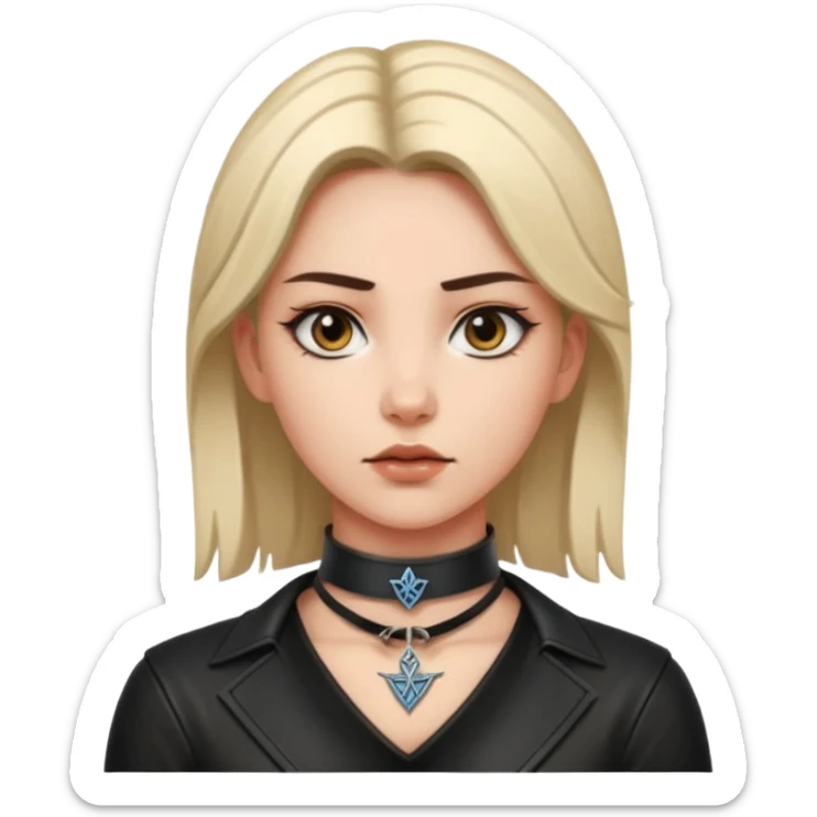 Leather choker with sigil around woman’s neck, pulse visible, dominance tone sticker