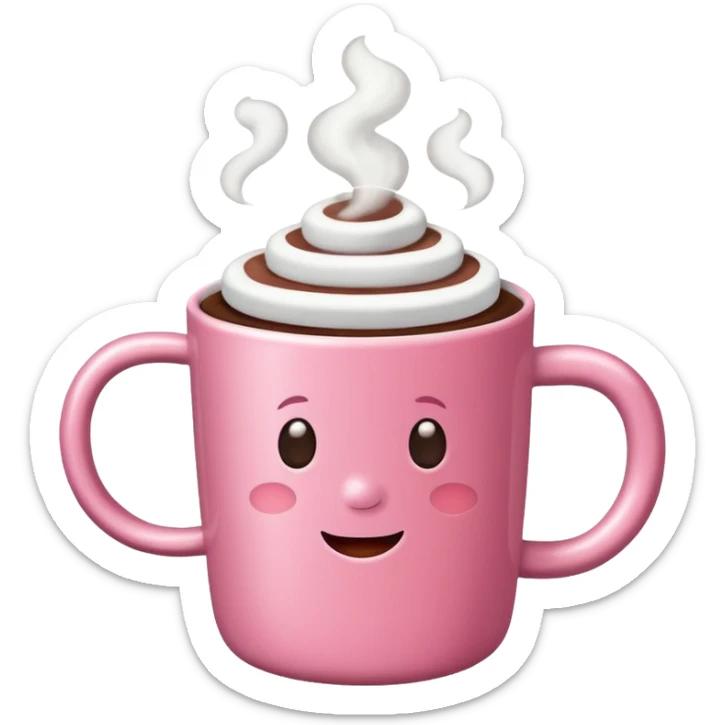 A pink coffee cup with hot chocolate and marshmallows with steam coming out sticker