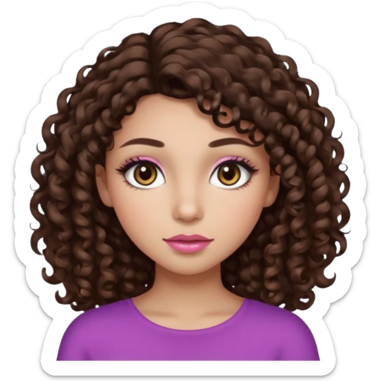 girl with curly long dark brown hair, brown eyes, light to medium complexion, long lashes, almond shaped eyes, light pink lipstick sticker