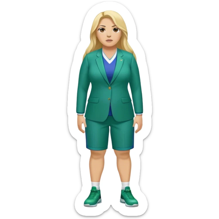 Full Body white plus size female basketball head coach with long blonde hair in a blue and green suit sticker