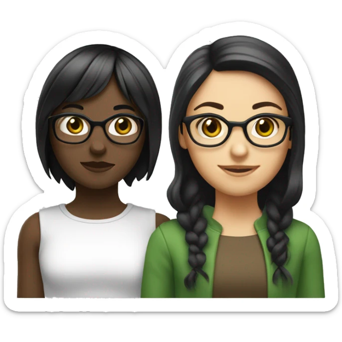 make two best friends. first one is a girl has shoulder lenght black hair and bangs, she is a girl and white. she has brown eyes. second friend has long gibger hair with no bangs. she wears glasses and is also white. she has green eyes sticker