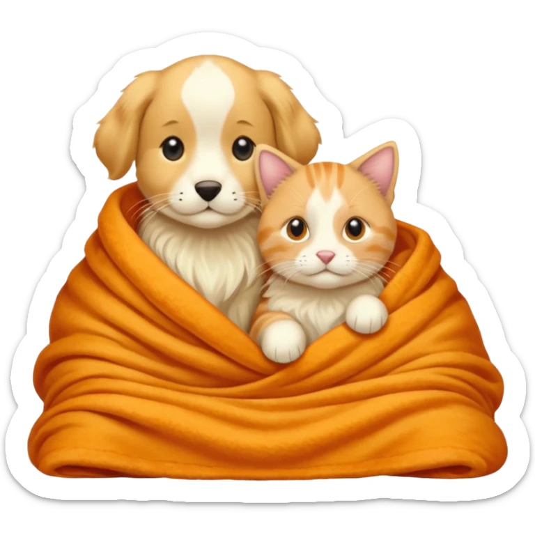 An Orange cat and an English cream retriever in a blanket  sticker