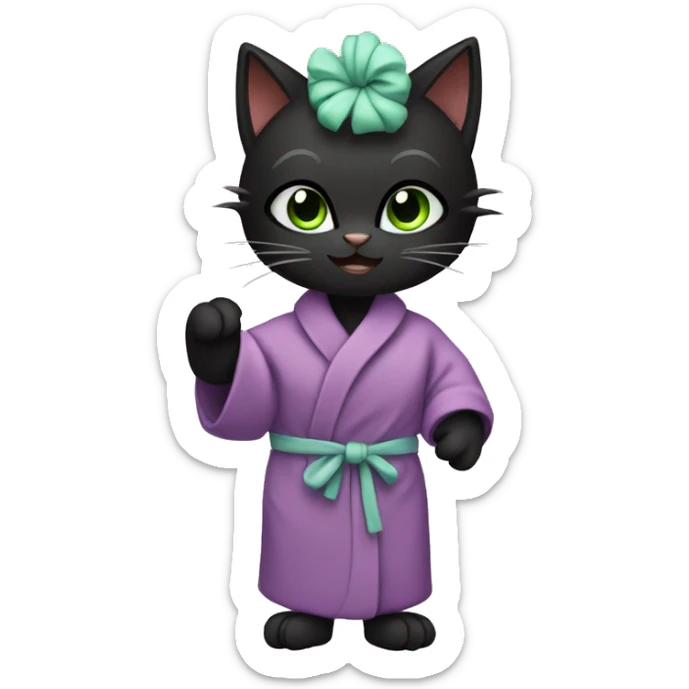 Black cat wearing bathrobe with green face mask and hair in curlers  sticker