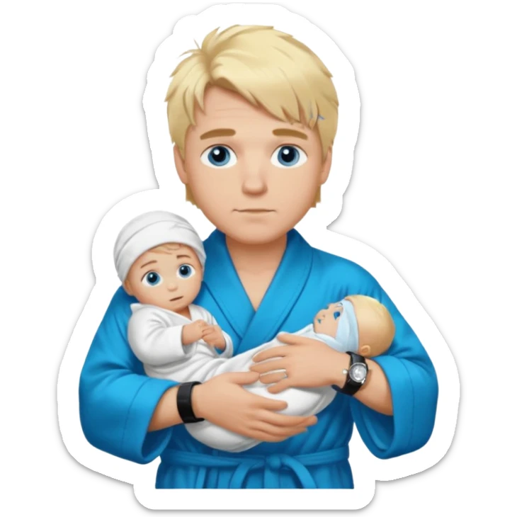 A white man with blue eyes, medium-length blond hair, a blue Cartier watch on his wrist, and a black and white bathrobe. His hair is messy, and he has a baby face. sticker