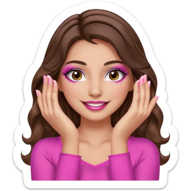 girl with long wavy brown hair, brown eyes, long lashes makeup, sexy pink lips, light to medium complexion, wearing a pink sexy top, smiling, hands covering over the eyes sticker