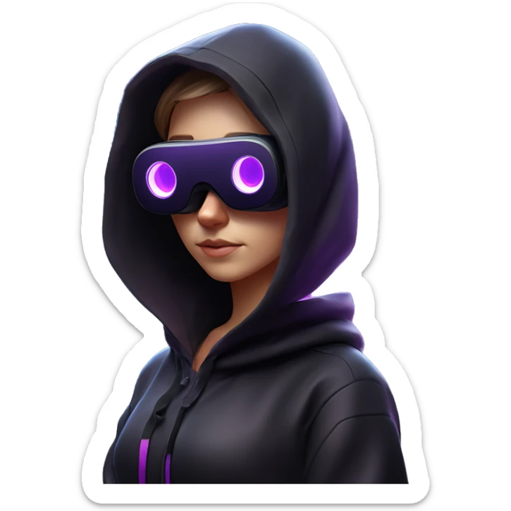 Russian girl wearing black hoody with violet letters "OMG", in vr headset oculus quest2. Standing like jedi. Cyberpunk style. Violet neon. sticker