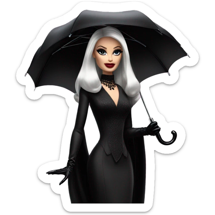 Stunning in the Spotlight Barbie, teen Morticia Addams,showing off, show full body,accessories  gloves funeral veil, umbrella  sticker