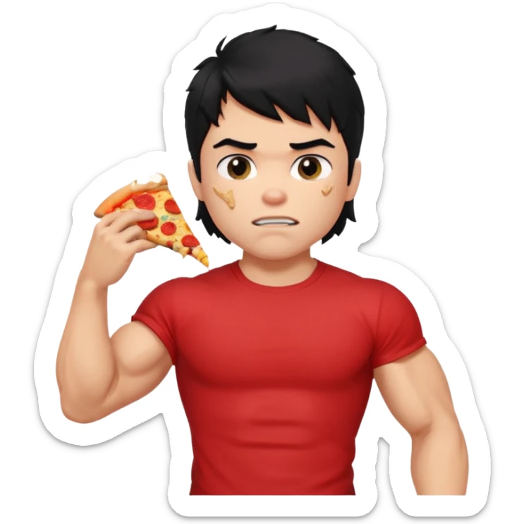 generate a pretty fair bratz boy with a messy mullet (black hair), wearing a red tshirt. eating pizza. He has big biceps and ripped sticker
