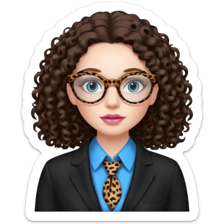 A girl with white pale skin, blue eyes, full lips, brunette long curly hair. She has a leopard print round-ish shaped glasses. She is wearing a all black suit with light pink blouse inside the suit. She is making a self care face mask  sticker