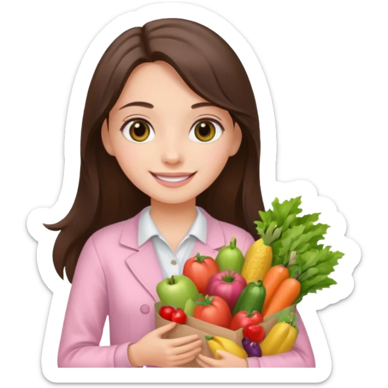 pretty smiling long brunette hair girl hazel eyes wearing light pink clothes holding groceries sticker