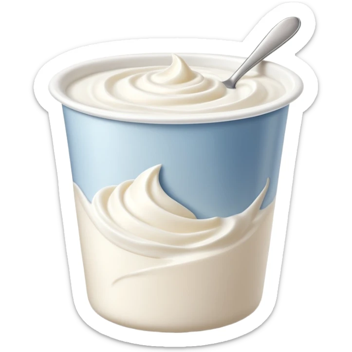 cup of Greek yogurt, open with smooth creamy white surface, soft swirls and gentle peaks, dense rich texture, plain unbranded curved white container, no spoon or fruit, soft lighting, subtle shadows, emoji scale sticker