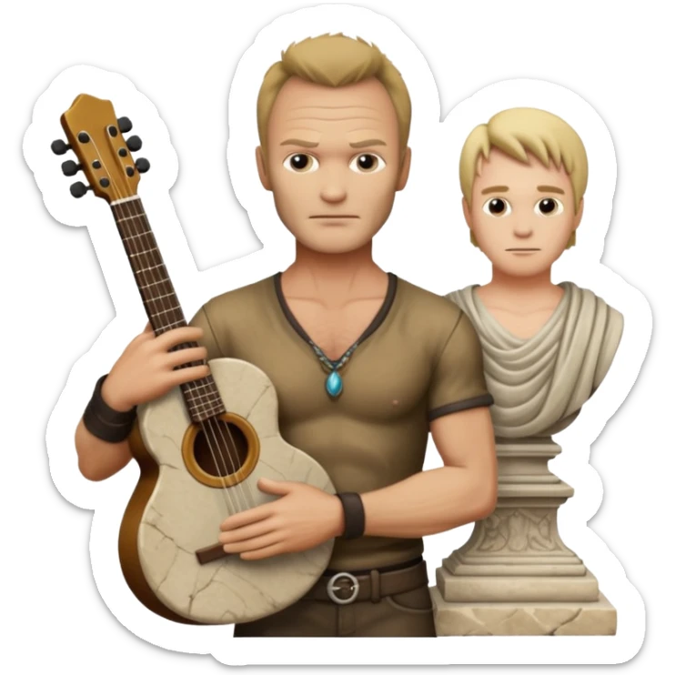 Cinematic realistic ultra HD - Musician Sting stands in front of an antique stone sculpture sticker