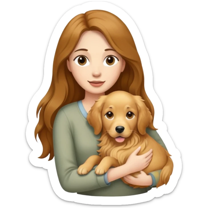 woman with long brown hair holding a golden retriever dog in her arms sticker