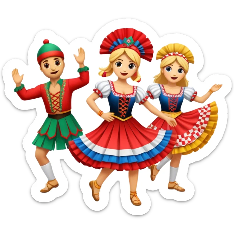 Cinematic Realistic Linđo Dance Emoji, depicted as a traditional Croatian folk dance with lively movements and colorful costumes, rendered with dynamic textures and vibrant festive lighting that captures its cultural vibrancy. sticker