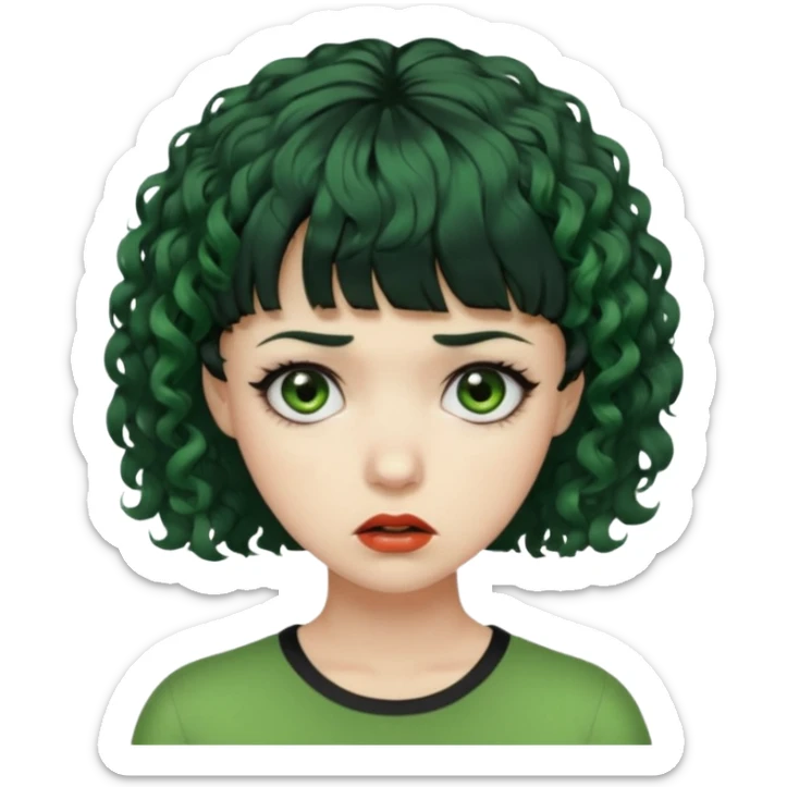 quero que você cria uma mulher, o rosto dela. nela, ela tem cabelo curto e ondulado, tem franja e ela tem semblante triste, deixe ela com pele verde e com cabelo cacheado( ela tem que ter semblante assustador e muito triste, ela pode ter olhos totalmente preto ou vermelho) sticker
