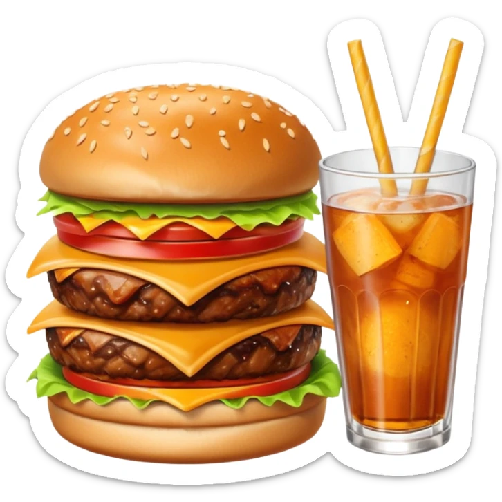 BBQ BACON BURGER, LARGE ORDER OF FRIES, ORANGE SODA WITH NO ICE, AND PIECE OF HOT APPLE PIE. sticker