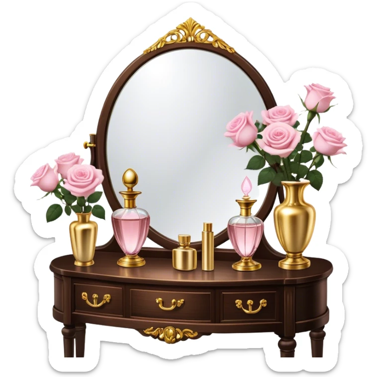 A romantic scene of a vintage vanity with a glass vase of light pink roses and golden perfume bottles sticker