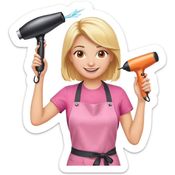 blonde female hairstylist smiling, pink t-shirt, orange apron, hands up, holding scissors and hairdryer sticker
