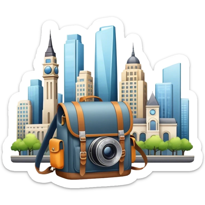 Icon for Urban Tourism: city skyline with iconic buildings, a camera and a backpack. The icon should represent the exploration of urban destinations, with elements like streets, landmarks, and vibrant city life. Transparent background. sticker