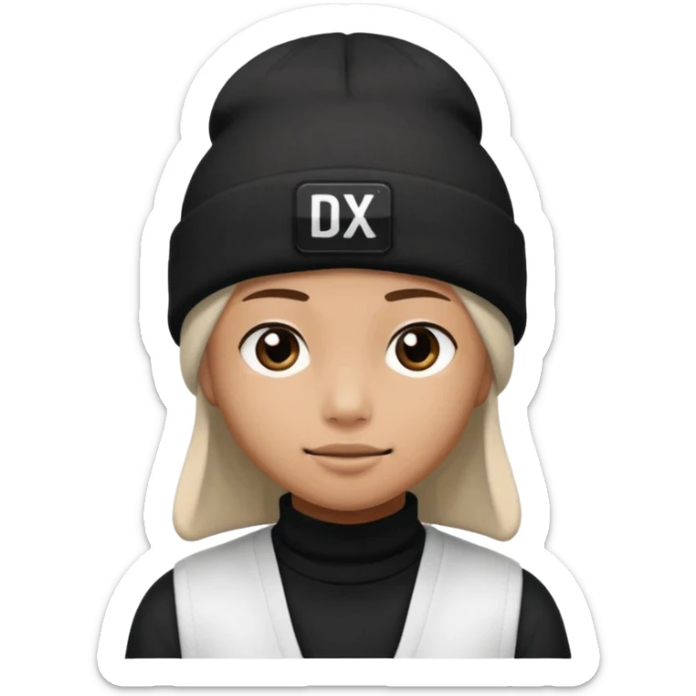 wearing a white beanie with an black square logo with the word "DX" written on it.

 sticker