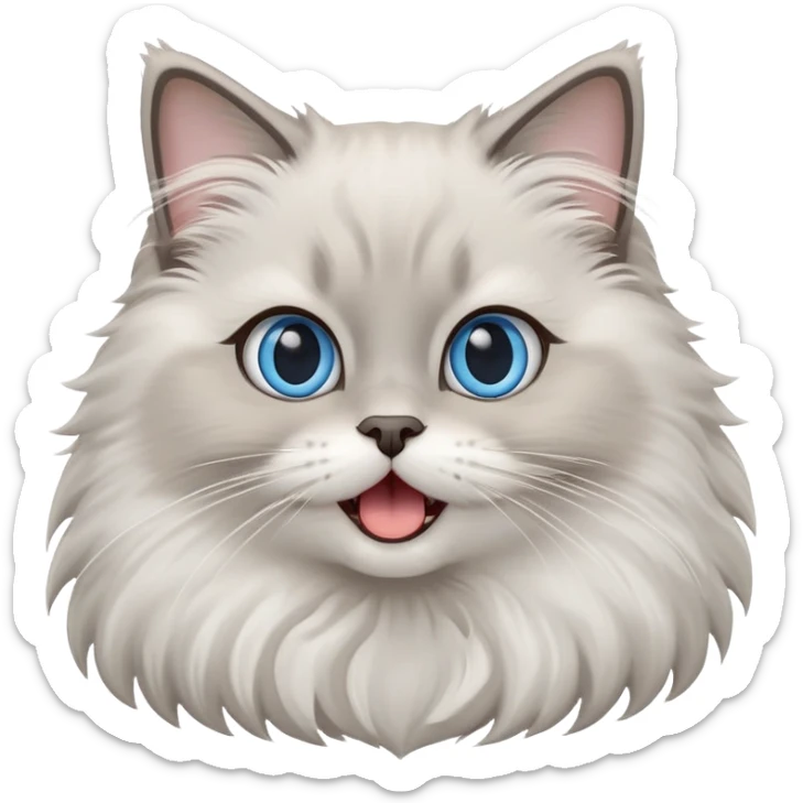 cinematic-adorable-big-eyed-fluffy-grey ragdoll-cat-portrait-emoji,-head-tilted-playfully-with-a-cute,-yawn,-white and grey fur,-simplified-yet-irresistibly-cute-features, blue eyes sticker
