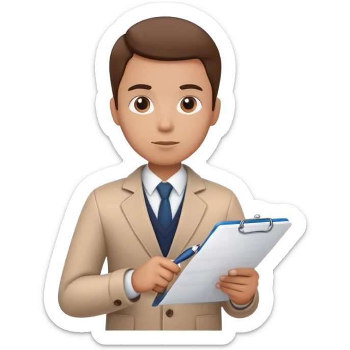 a person holding a checklist and pen, wearing smart casual clothing. The character is in a focused pose sticker