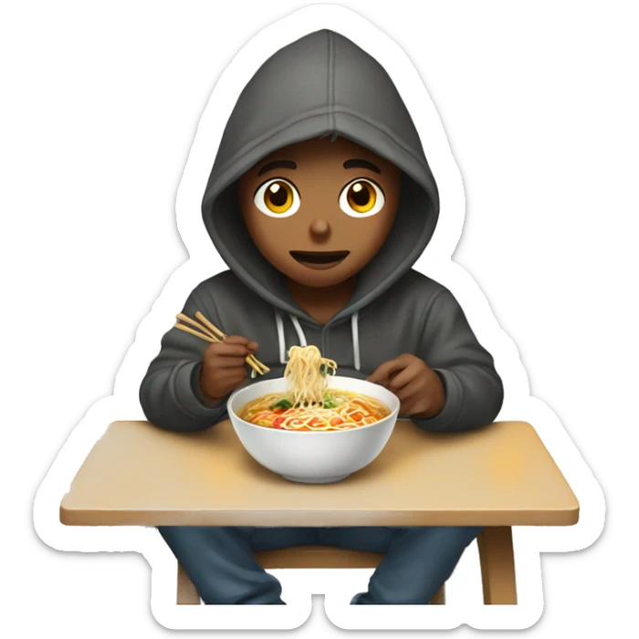 A boy wearing a hoodie sitting on a chair eating ramen sticker