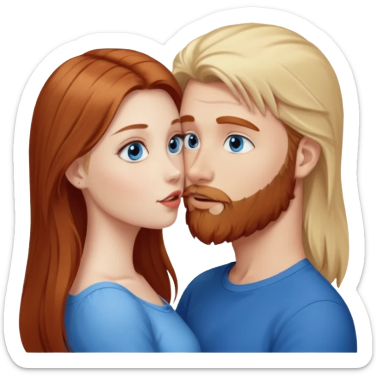 Long-pale-blonde hair, beautiful girl with blue eyes facing, kissing reddish-brown hair-beard boy blue eyed white guy sticker