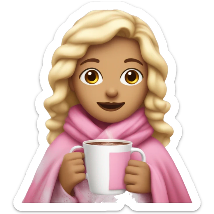 blonde girl wrapped up in pink blanket hot chocolate in hands sticker
