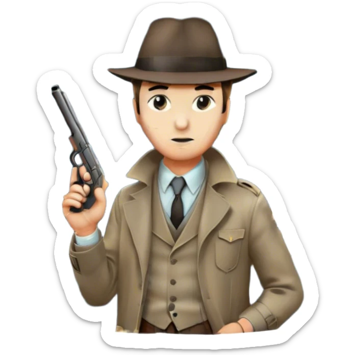 Icon for Detective Movie: A vintage movie poster-style design featuring a close-up of a detective with a gun on a dark London street under the full moon. The scene includes faint traces of blood on the asphalt, hinting at a murder. Retro cinematic typography. Transparent background. sticker