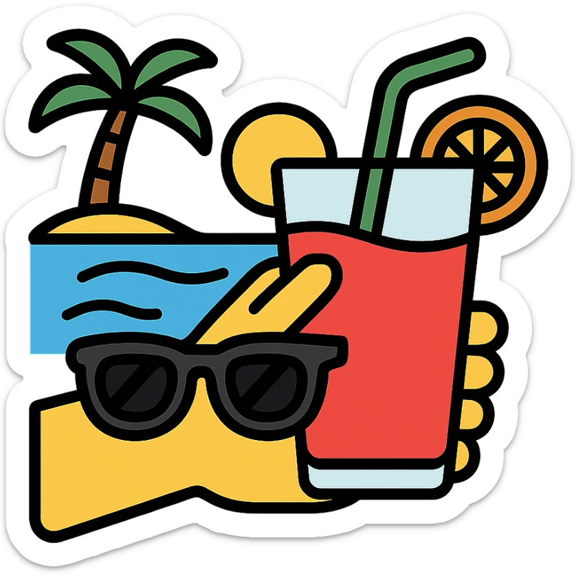 a hand with sunglasses holding a glass of fruit juice, beach background icon sticker