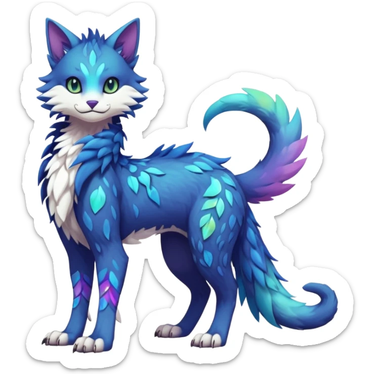 Kawaii iridescent beautiful pretty elegant divine edgy fantasy feline-vernid-sergal-Fakémon-Pokémon-fursona-animal-creature with accessories, full body, with intricate detailed markings sticker