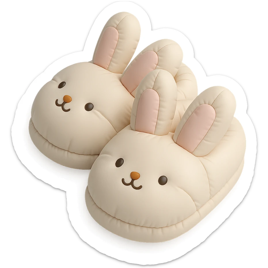 illustration of bunny slippers, soft and plush, pastel colors, cute faces, cushion style sticker