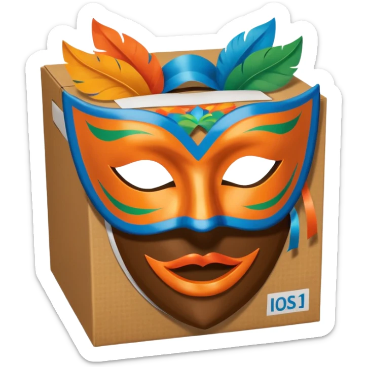 a box and a carnival mask in orange, blue and green on top of it , trying to make a carnival pack sticker